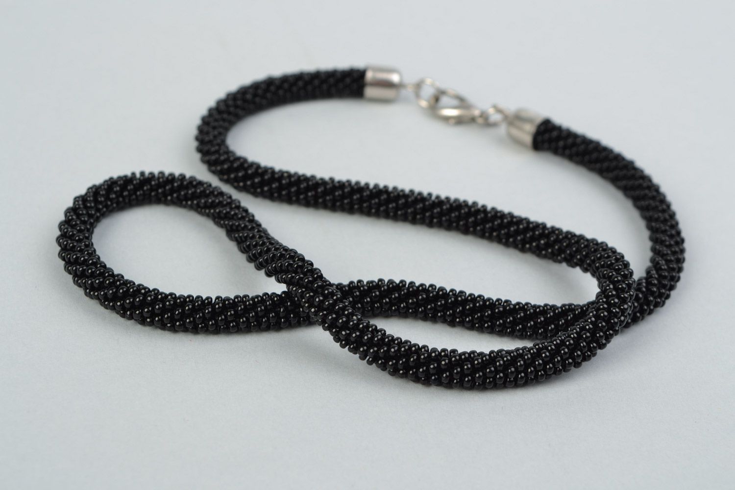 Handmade long elegant Czech beads necklace in black color for girls photo 4