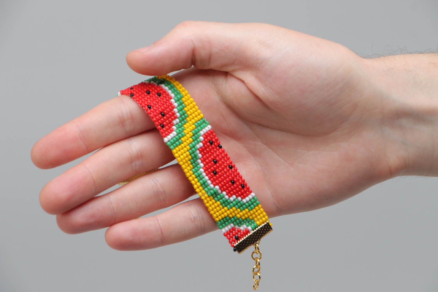 Beaded hand-woven bright bracelet with pattern of yellow watermelon present for girl photo 5