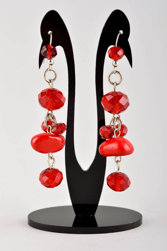 Handmade rote lange Ohrringe Designer Schmuck Accessoire für Frauen mit Kristall foto 2