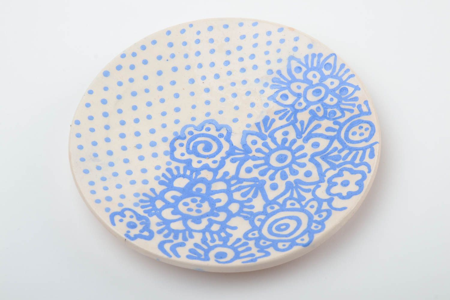 Handmade designer ceramic saucer white with blue ornament nice little pottery photo 2