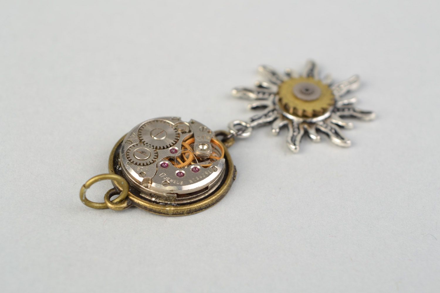 Handmade metal pendant with clock mechanism in steampunk style Sun and Time photo 5