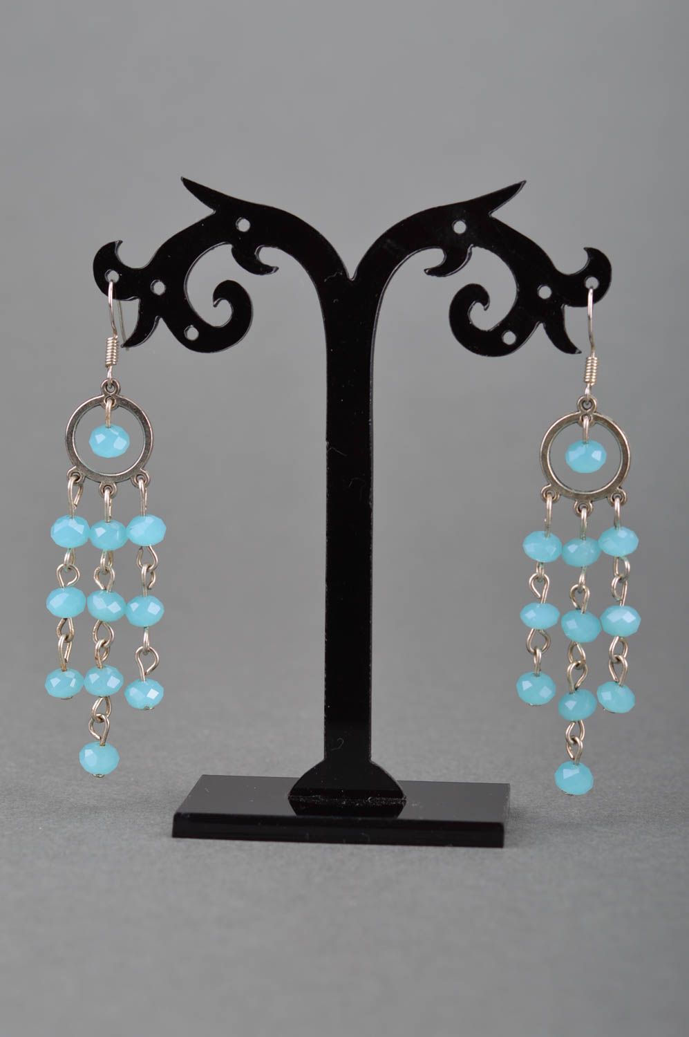 Handmade designer long metal earrings with blue crystal beads festive stylish photo 3