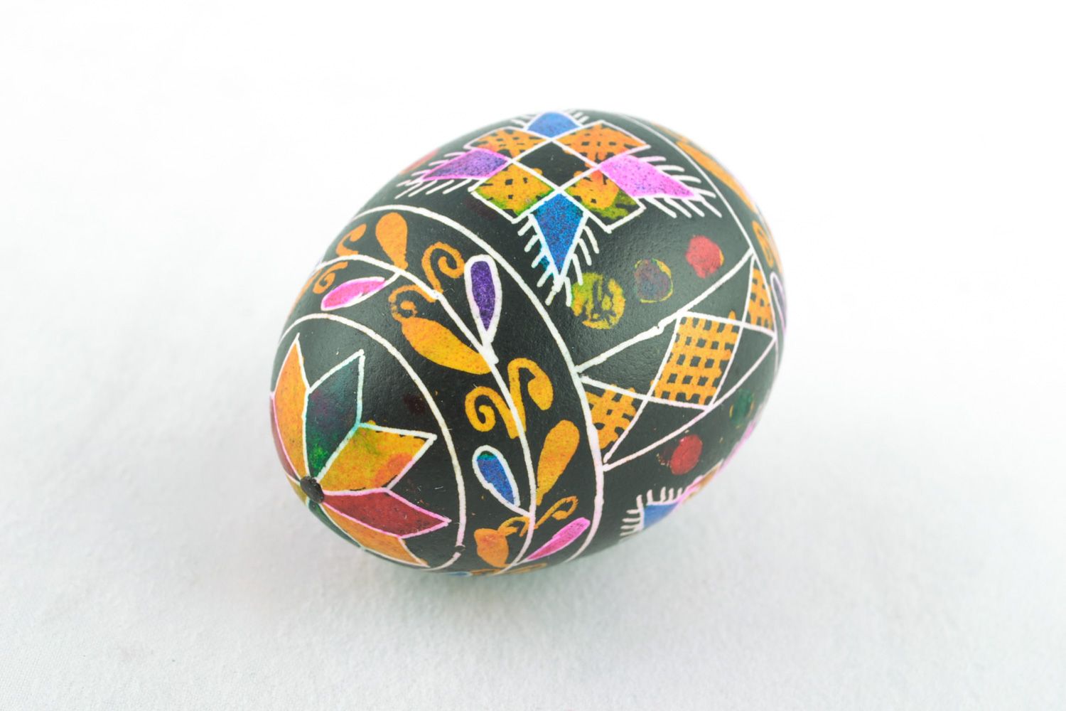 Decorative Easter egg with wax painting of black color with traditional patterns photo 4