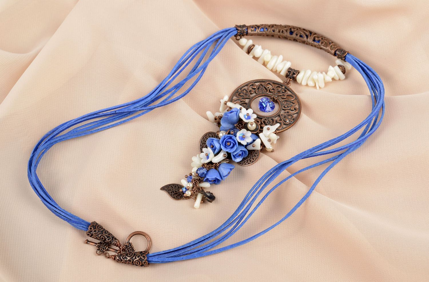 Collier pendentif Bijou fait main bleu métal corail pâte polymère Cadeau femme photo 5