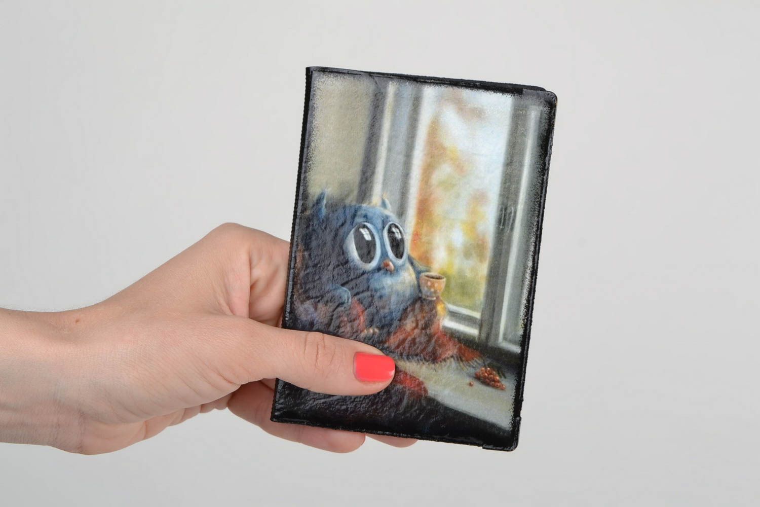 Handmade faux leather passport cover with decoupage funny owl on windowsill photo 2