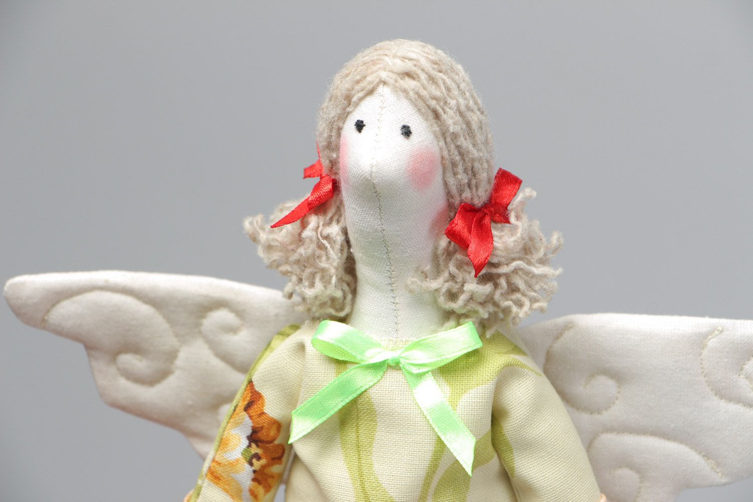 Small handmade fabric soft doll angel with wings for children and home decor photo 3
