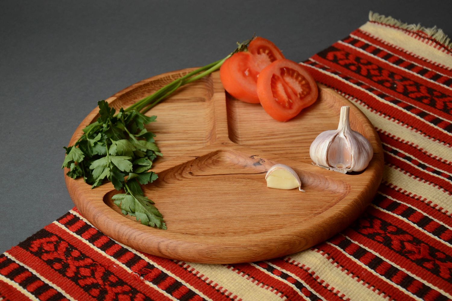 Wooden partitioned dish for cheese with three departments photo 1