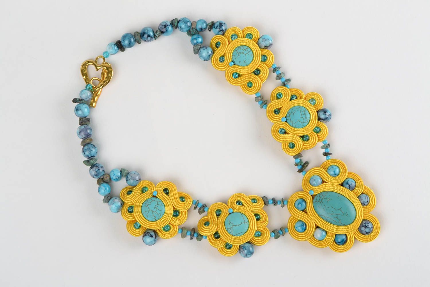 Bright massive handmade designer soutache necklace with natural stone photo 2
