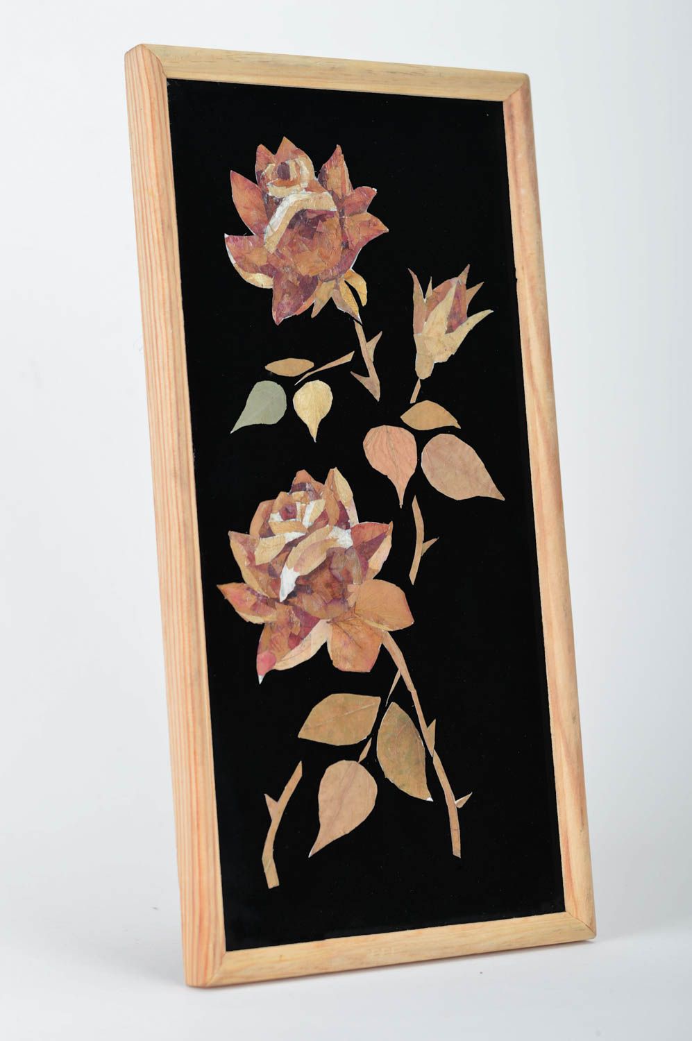 Handmade decorative picture collage with dried leaves and petals on black fabric photo 1
