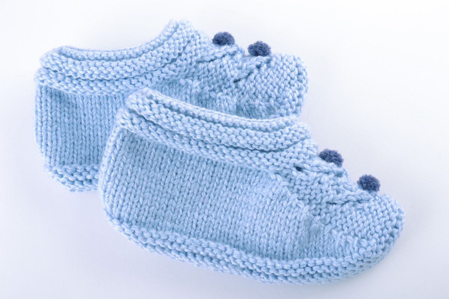 Light blue beautiful handmade slippers knitted of semi-woolen yarns for women  photo 3
