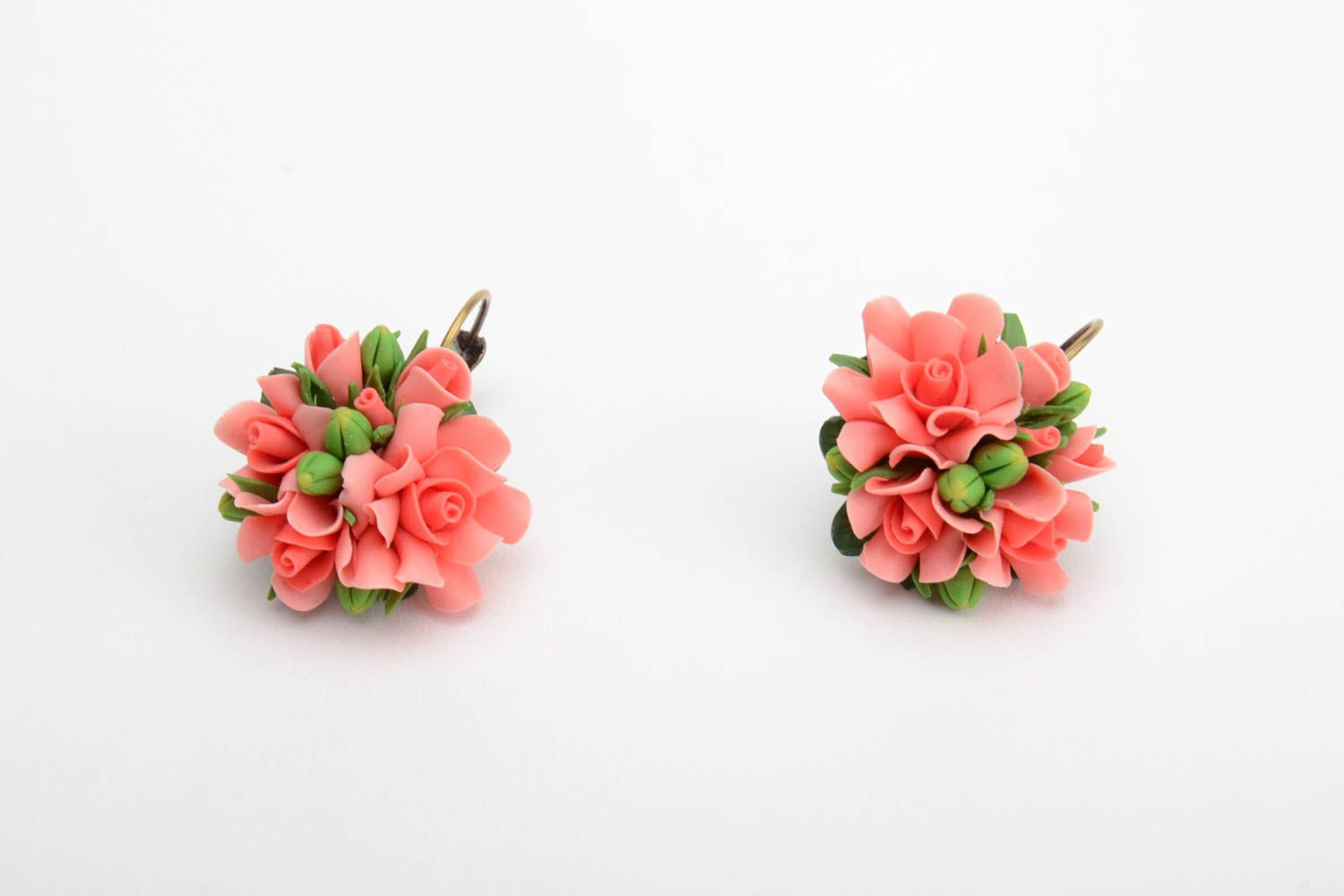 Handmade designer festive earrings with pink polymer clay floral balls photo 2