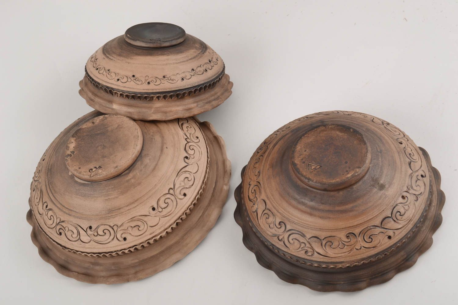 Миски из глины набор из 3 изделий коричневые красивые разные ручной работы фото 4