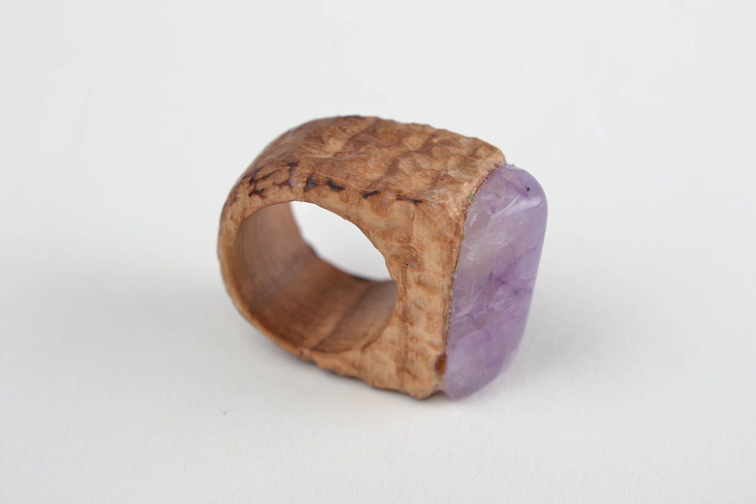 Handmade stylish jewelry ring carved of wood with natural tender violet stone photo 5