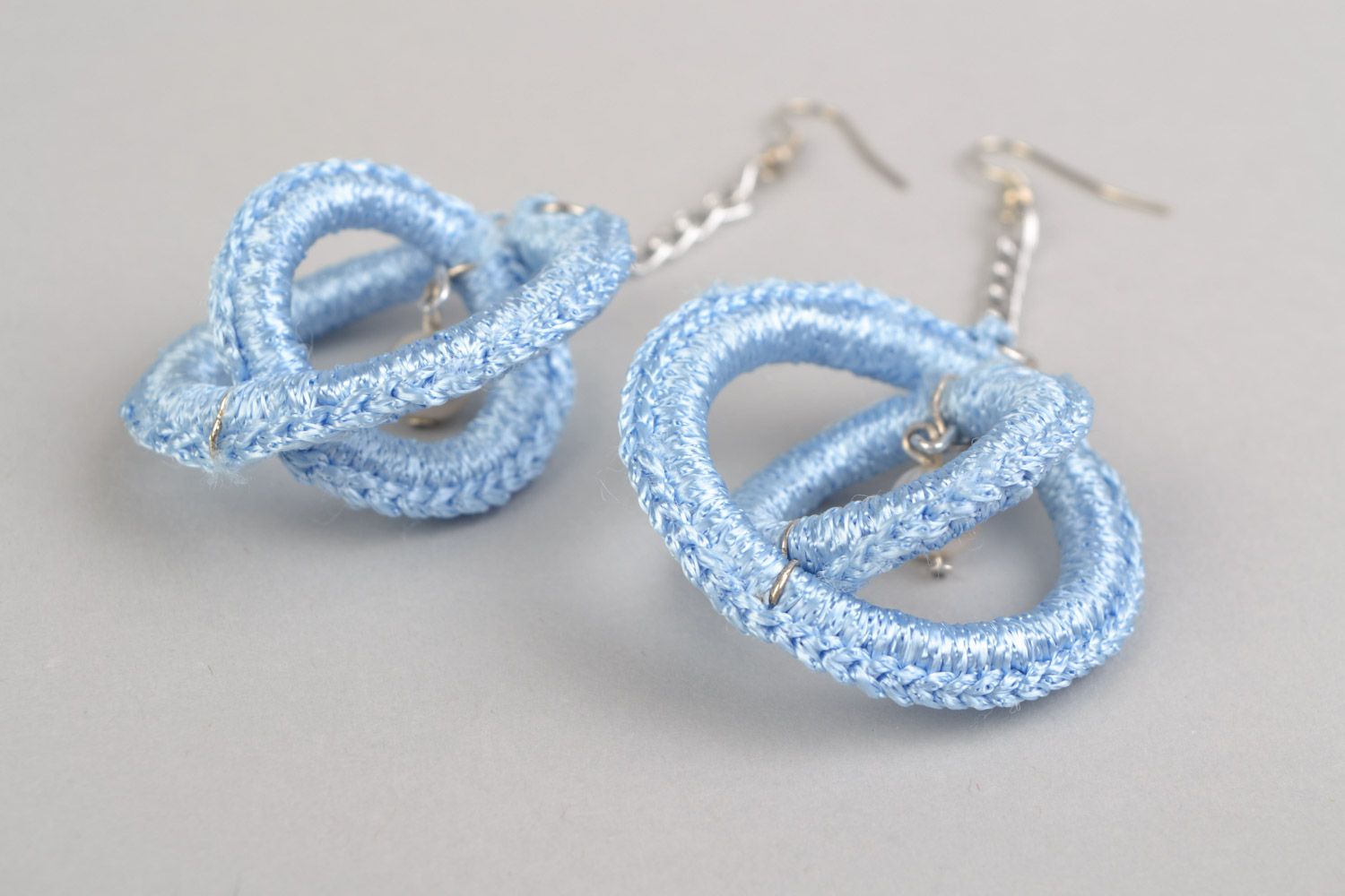 Handmade long earrings woven of viscose threads with plastic rings present for girl photo 4