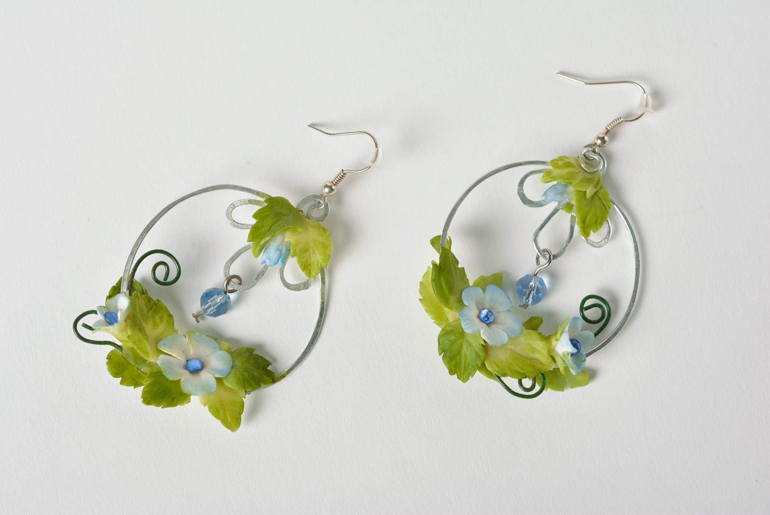 Handmade long massive polymer clay floral earrings with metal fittings photo 2