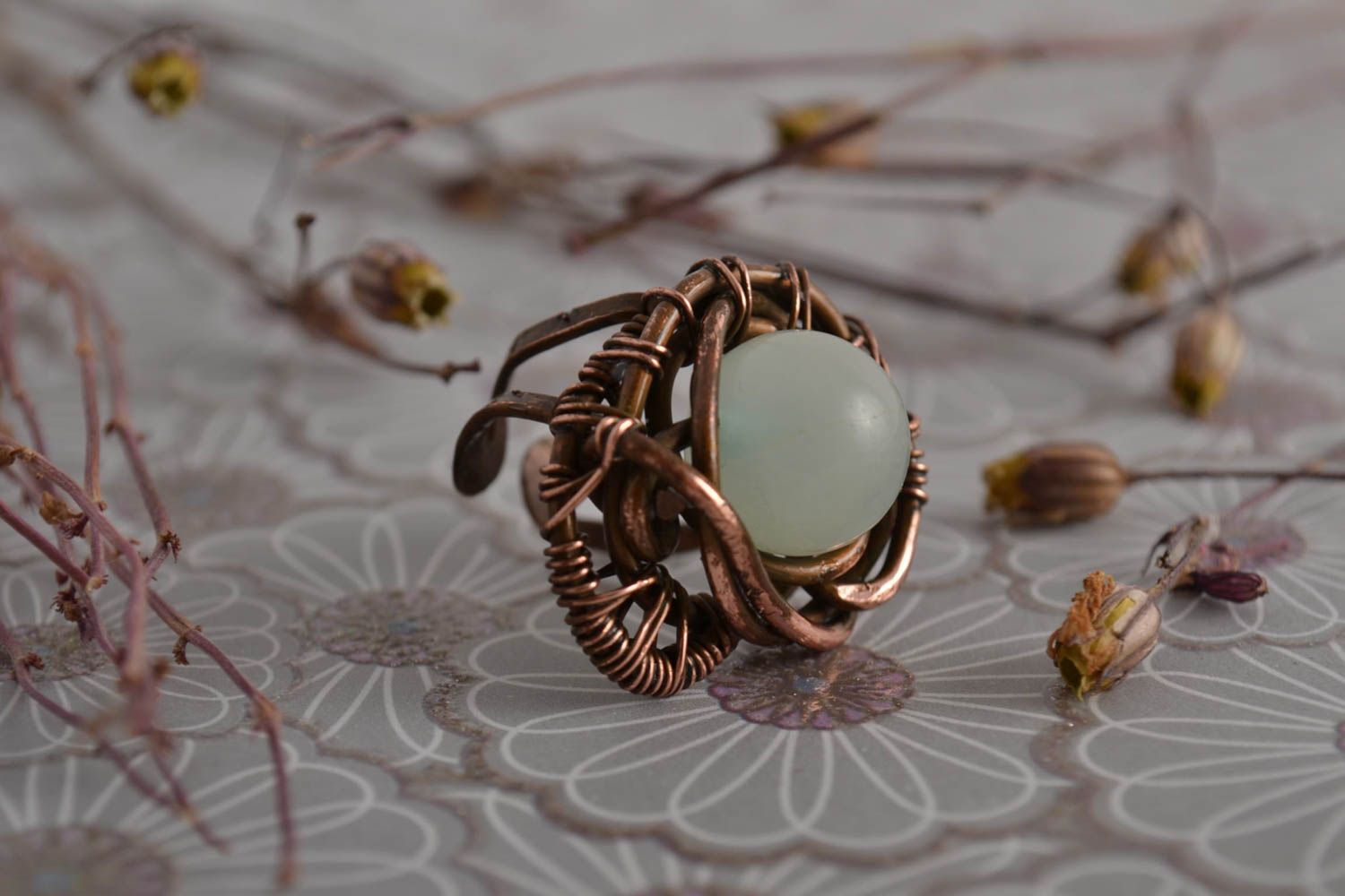 Красивое кольцо хэнд мэйд украшение в технике wire wrap медное кольцо Аквамарин фото 1