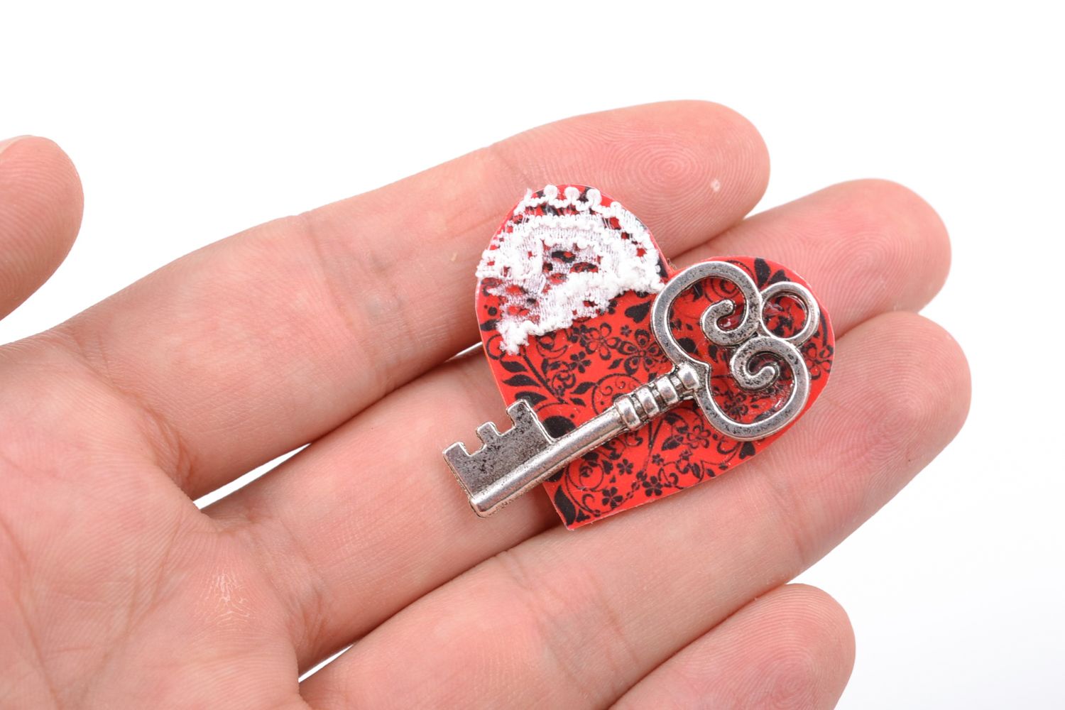 Polymer clay brooch Heart with Key photo 1