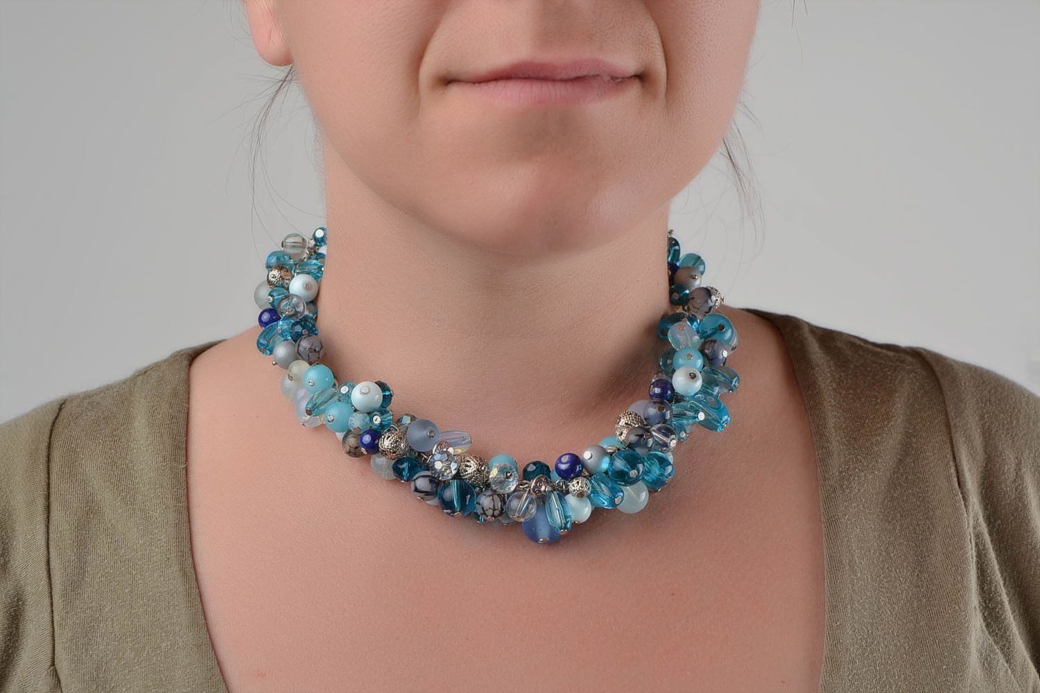 Handmade tender festive blue necklace with agate and tiger's eye stone beads photo 2