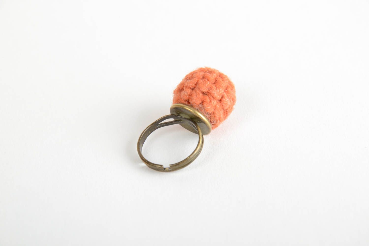 Handmade designer jewelry ring on metal basis with crocheted orange bead photo 3