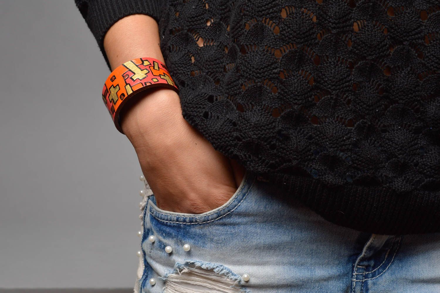 Bracelet cuir naturel Bijou fait main à motif peint tendance Accessoire femme photo 5