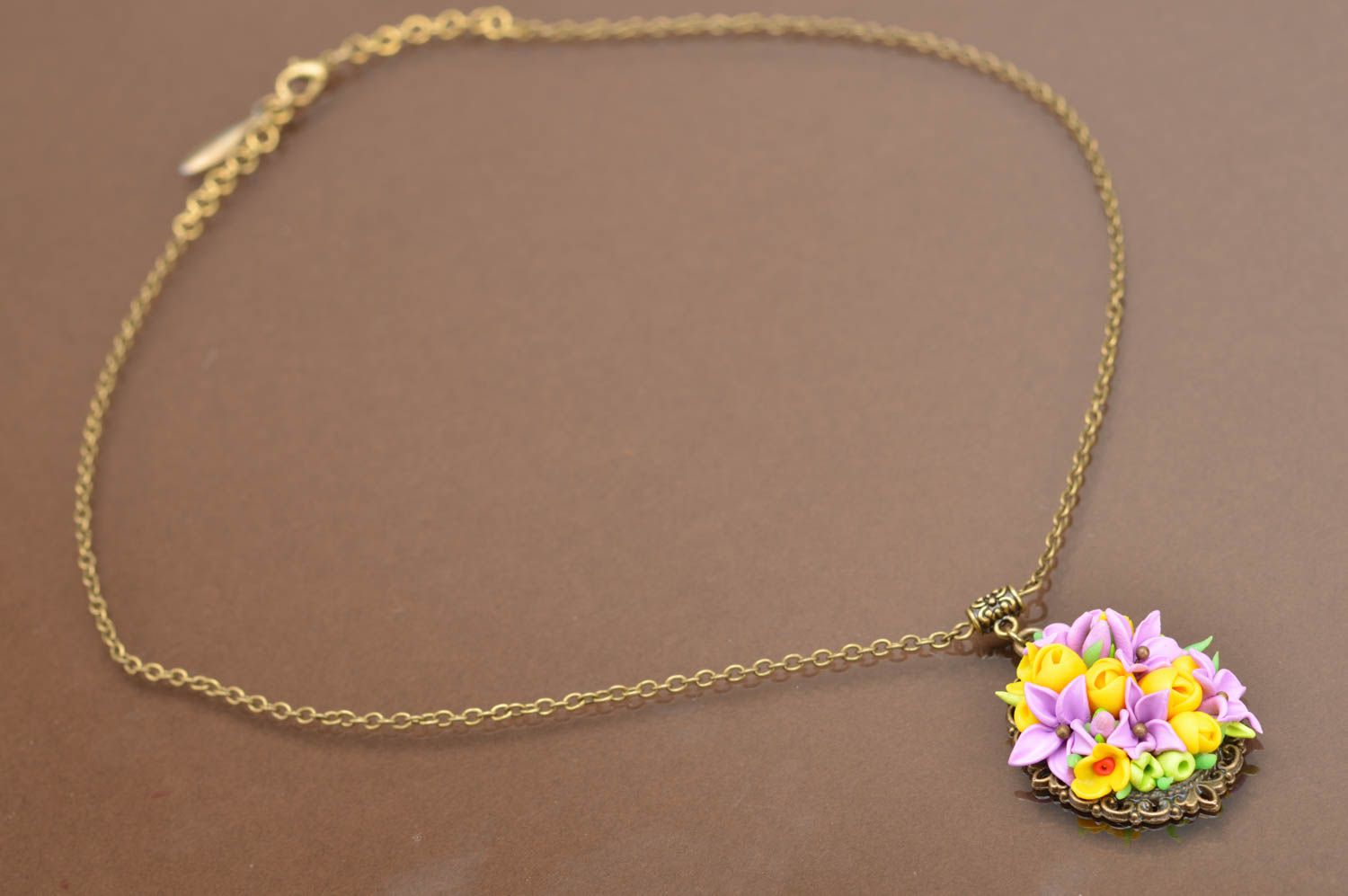 Beautiful handmade designer polymer clay flower neck pendant on chain Bouquet photo 2