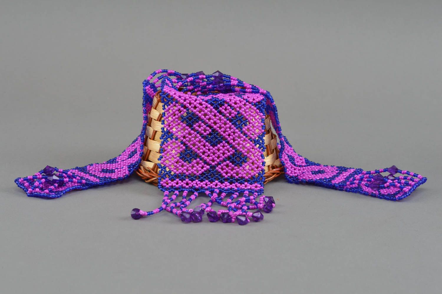 Оригинальное женское ожерелье гердан из бисера ручной работы сине розовый фото 1