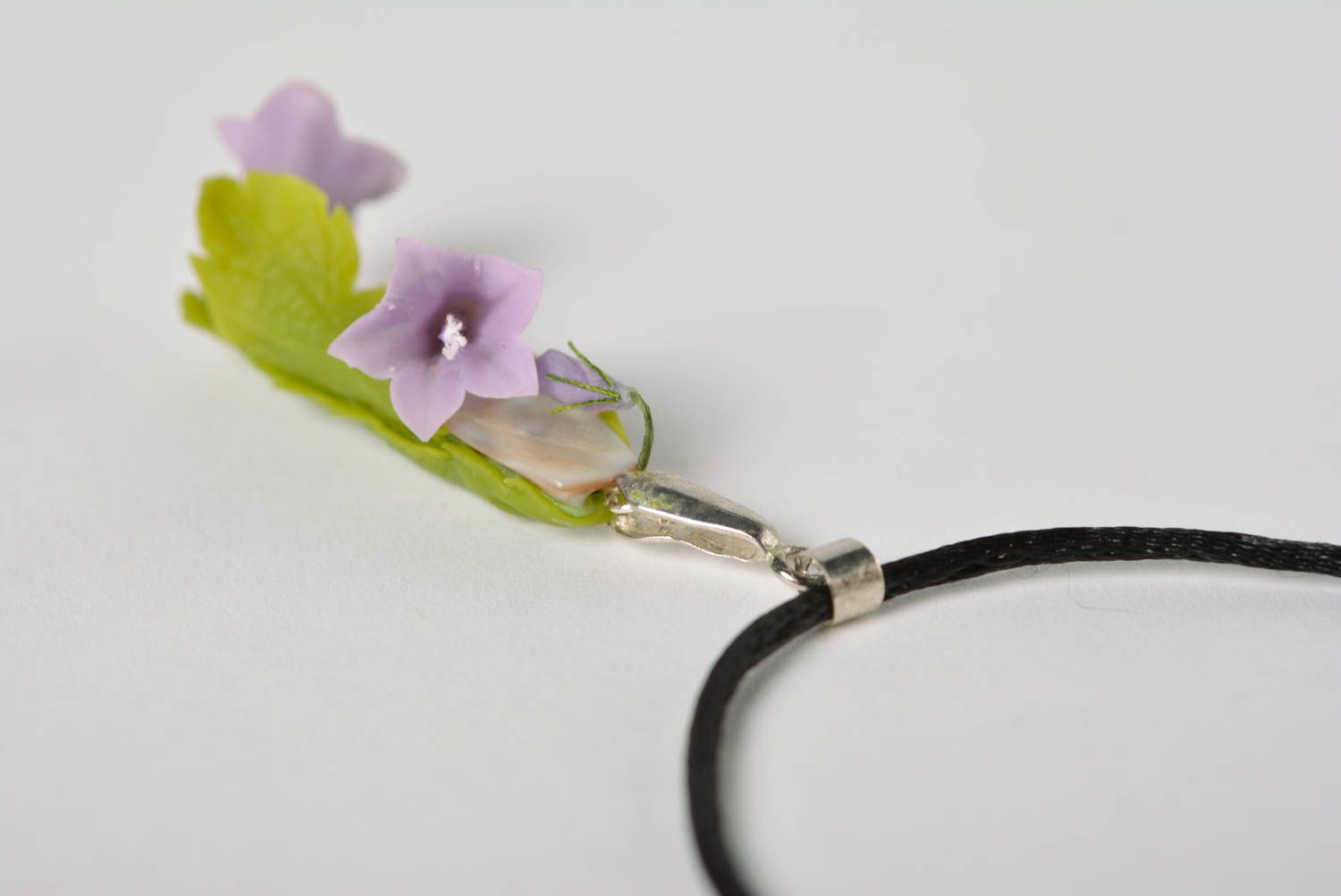Unusual homemade polymer clay flower neck pendant with black cord designer photo 2