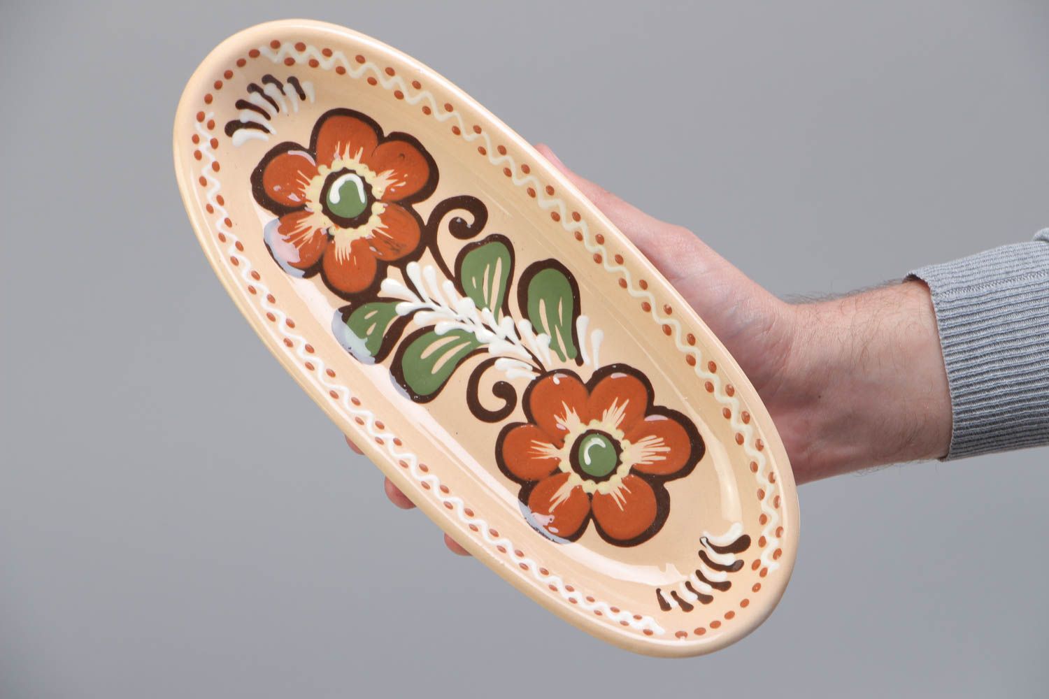 Handmade long ceramic dish painted and glazed with floral ornament for fish photo 5