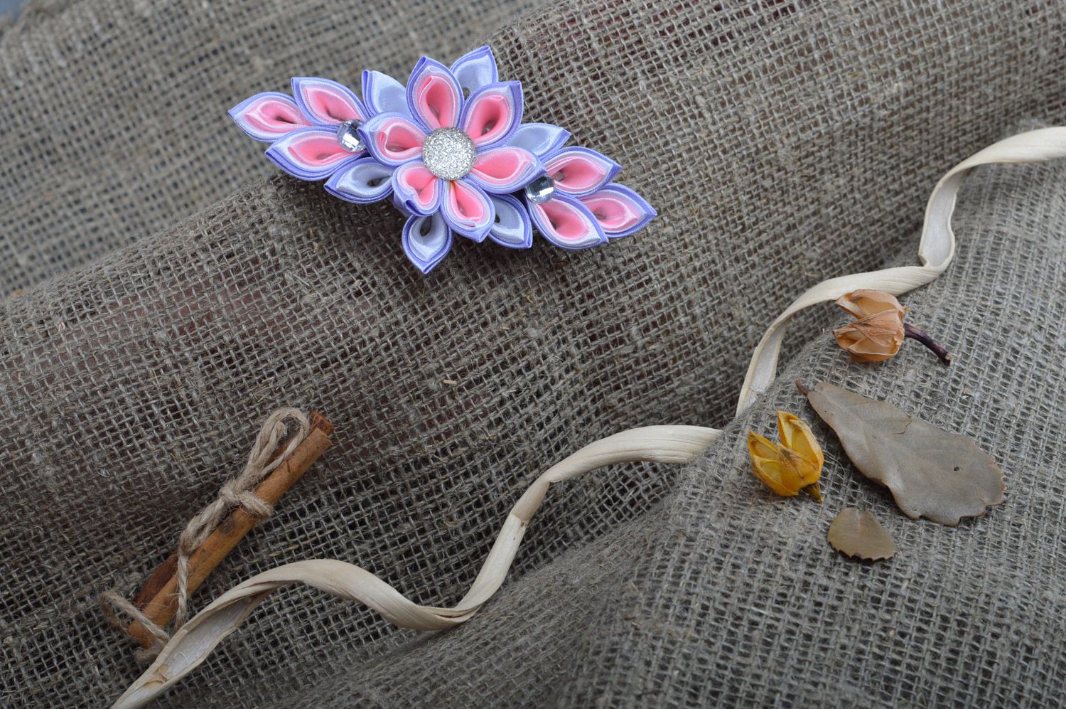 Handmade designer hair clip with kanzashi flower in tender color palette photo 1