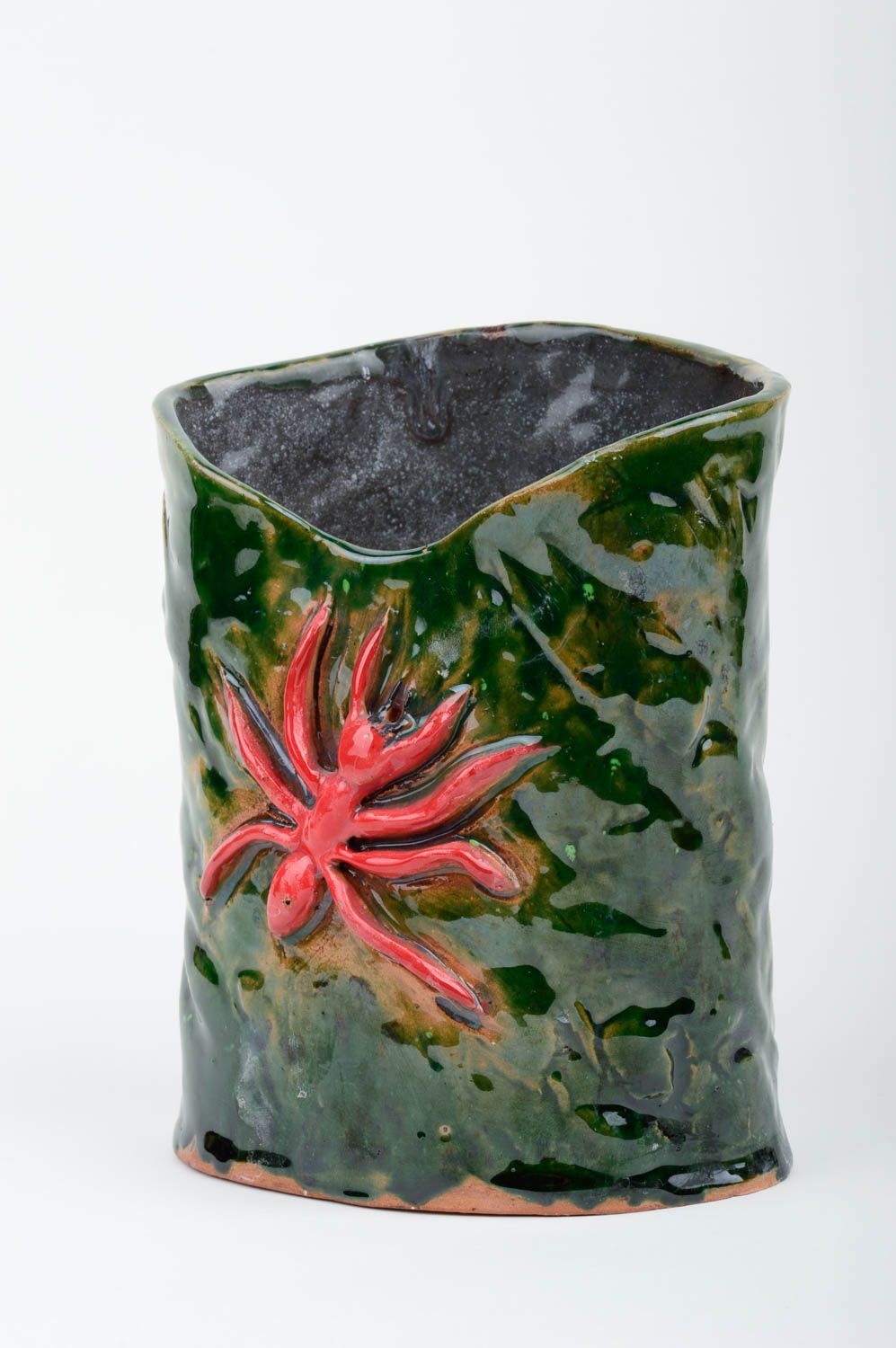 Green ceramic medium flower vase with a red spider for home décor 6, 1,17 lb photo 3