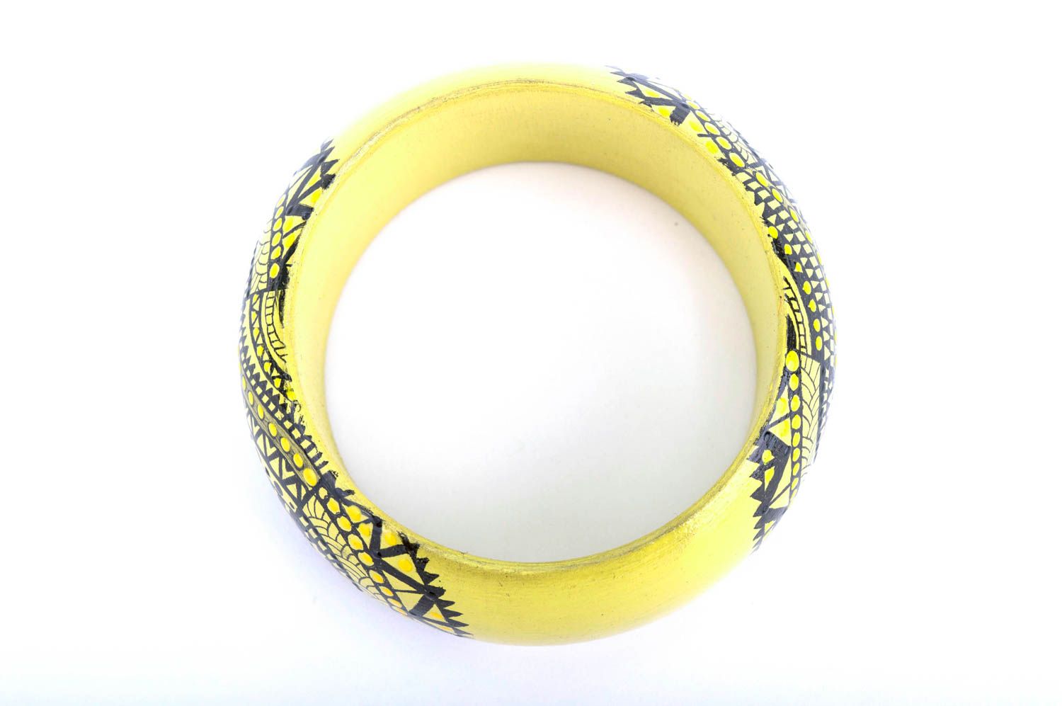 Holz Armband handgemachter Schmuck Damen Armband mit Bemalung breit grell gelb  foto 5