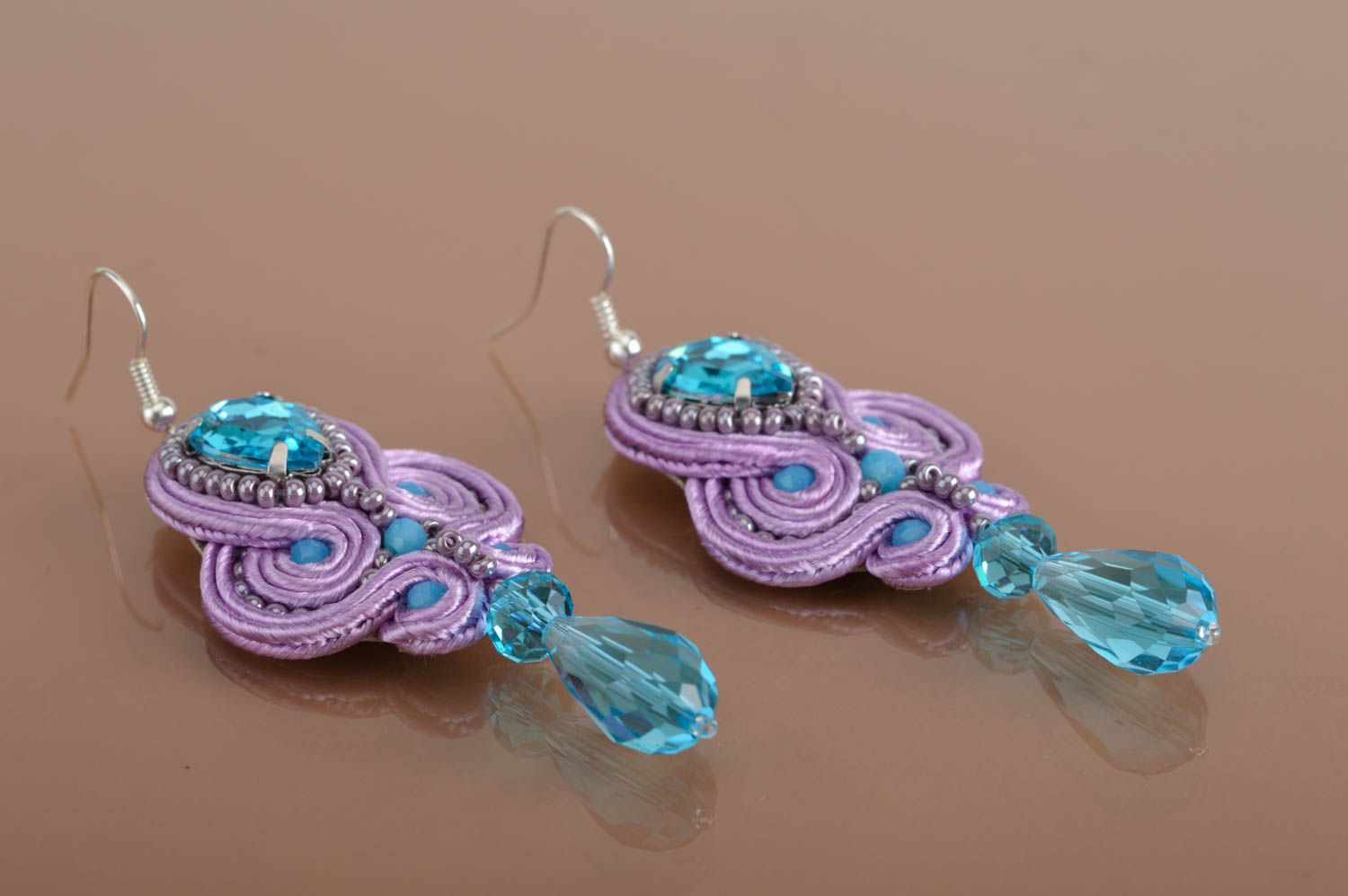 Beautiful homemade lilac and blue dangle earrings with Czech beads soutache  photo 5