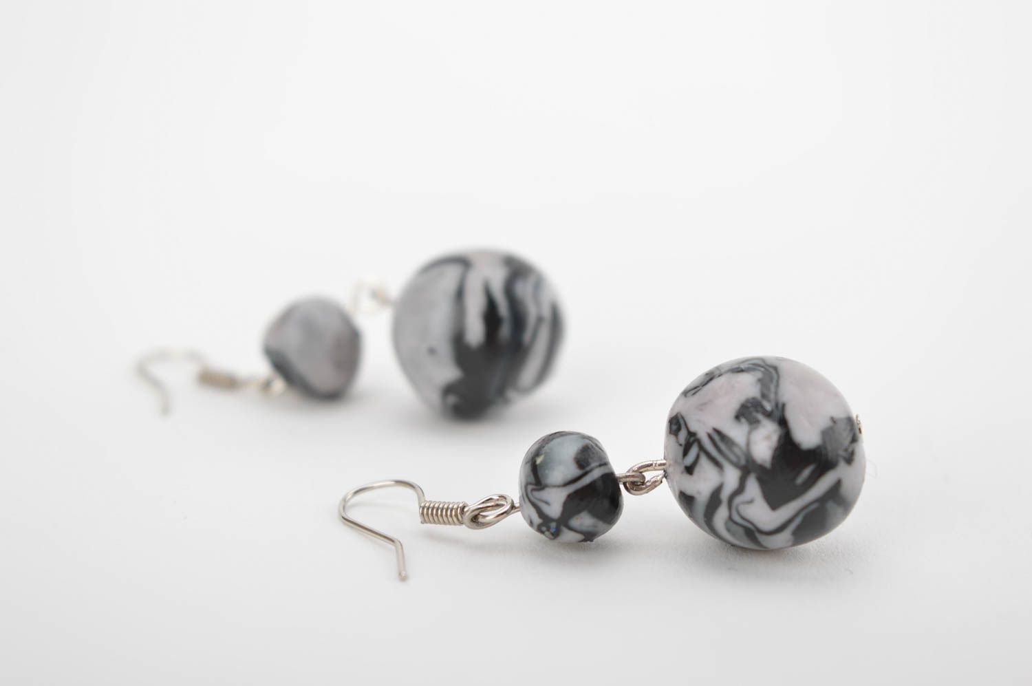 Gray handmade plastic earrings dangle bead earrings artisan jewelry for her photo 5