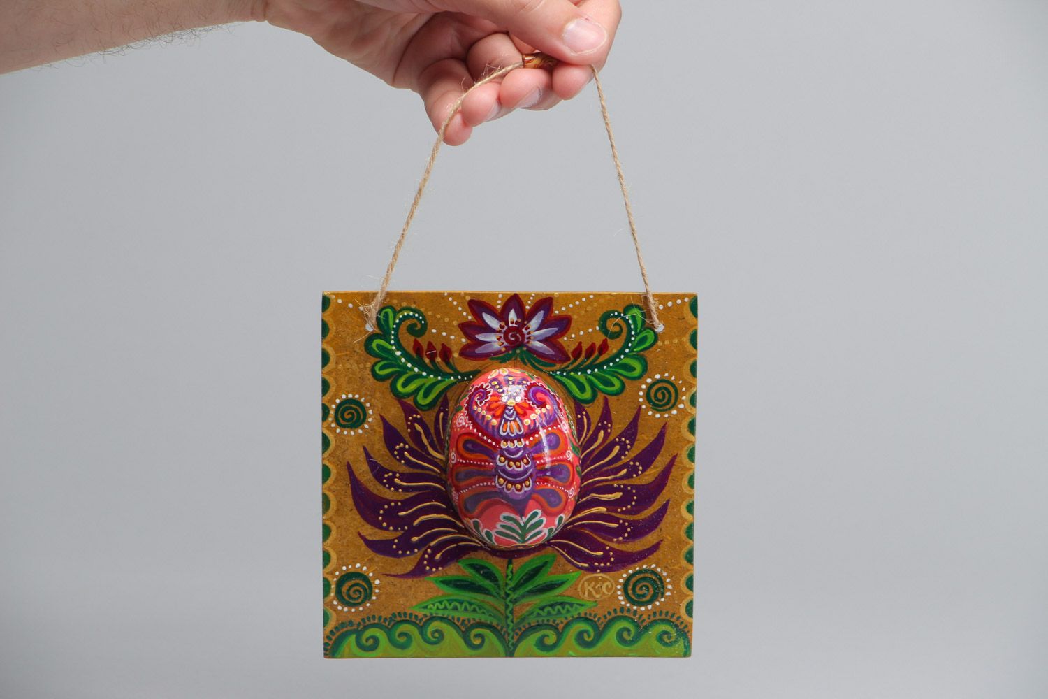 Handmade designer flat wooden wall hanging panel with relief egg in bright colors photo 5