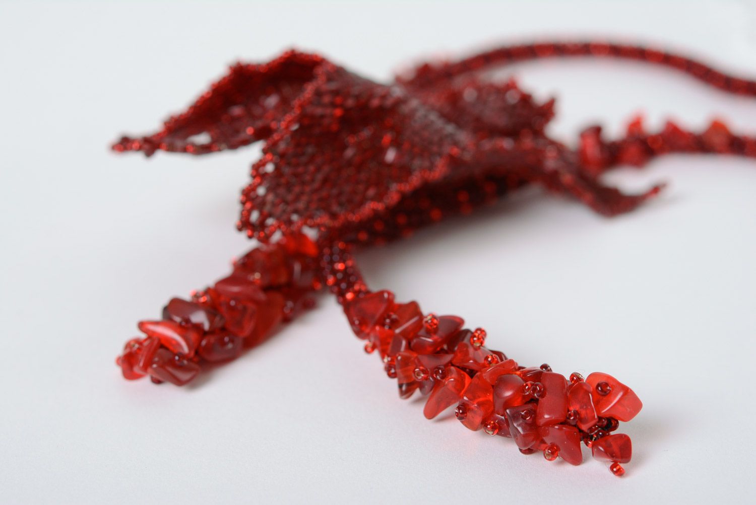 Dark red handmade necklace in the shape of flower woven of beads for women photo 3