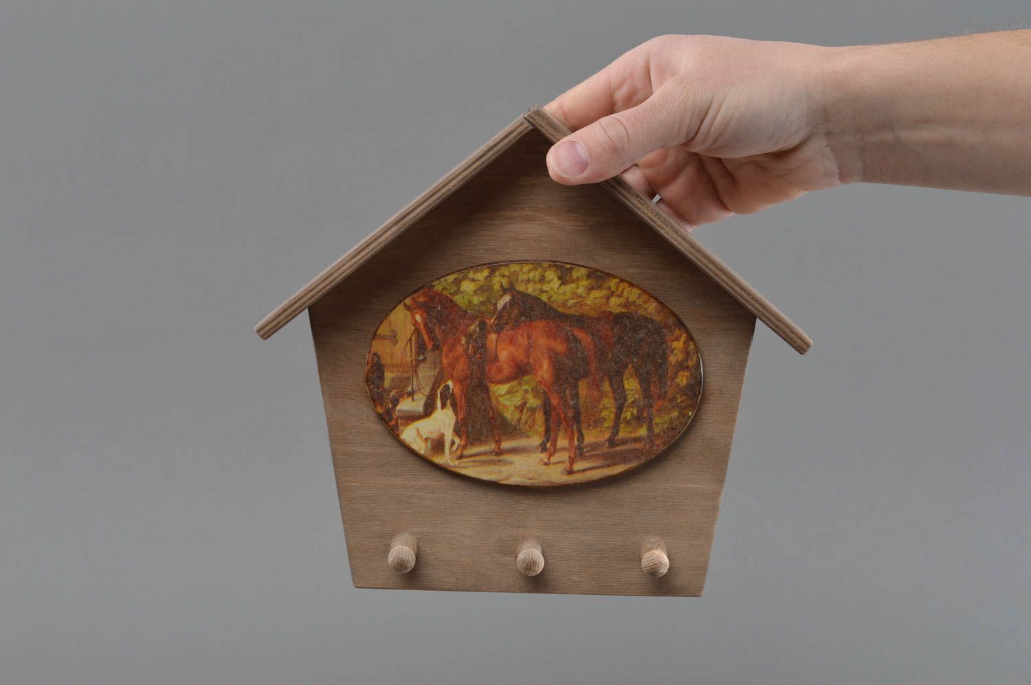 Unusual beautiful handmade designer plywood key holder with decoupage Horses photo 4
