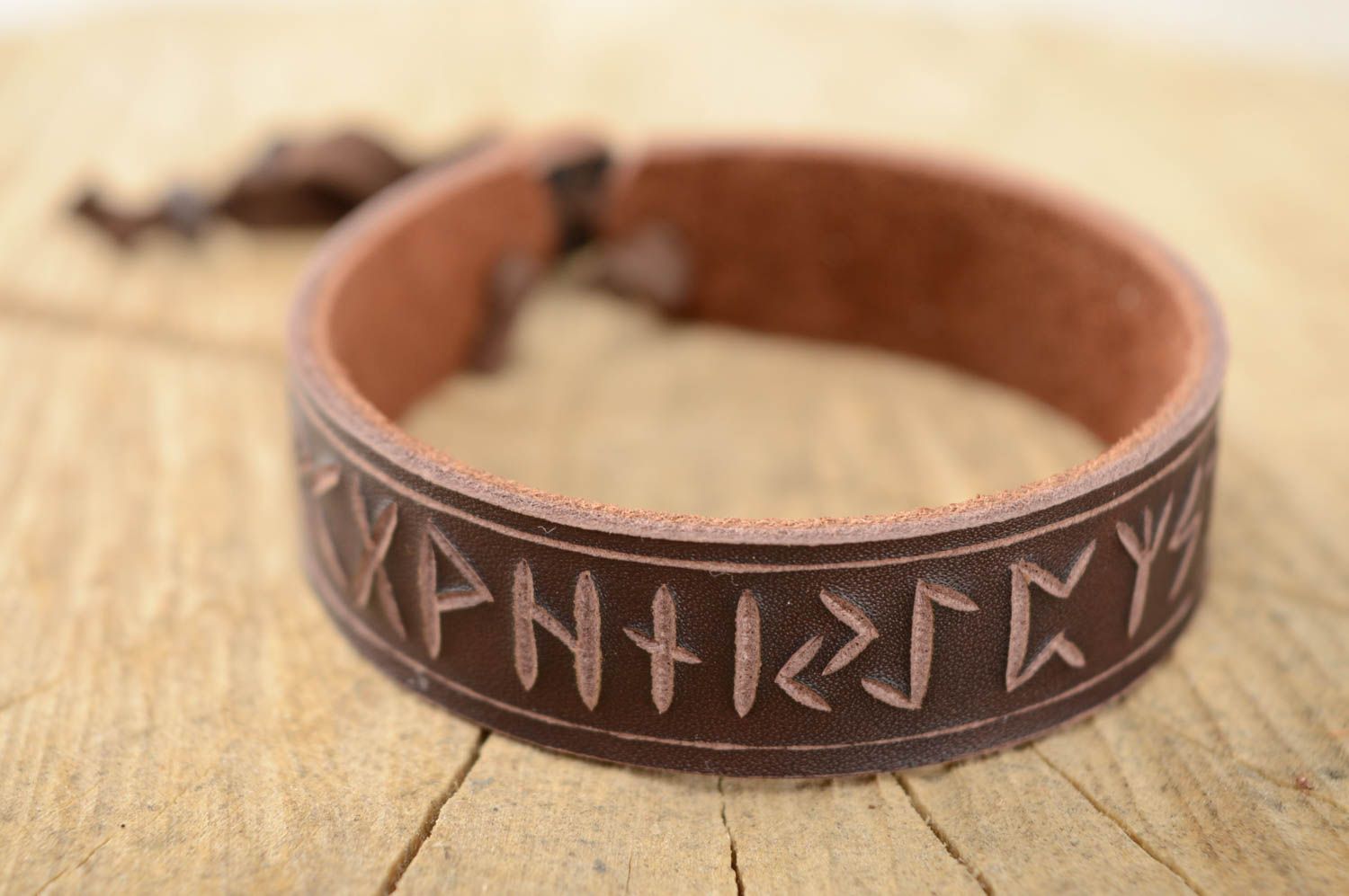 Brown leather bracelet with runes photo 1