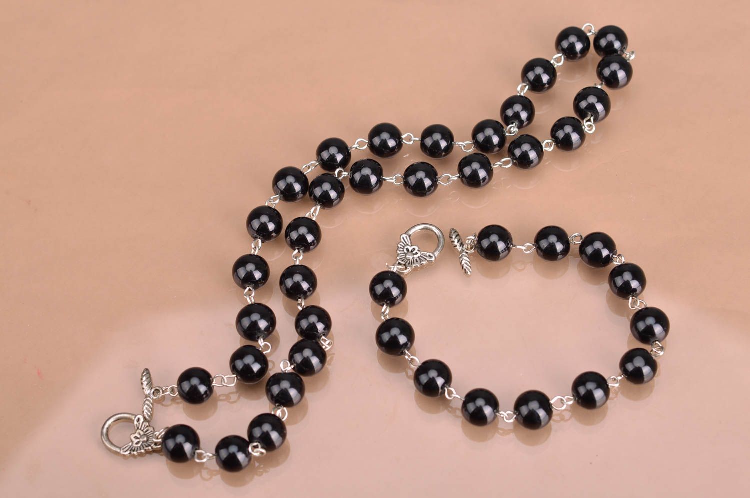 Handmade black beaded designer jewelry set bracelet and necklace Black Panther photo 5