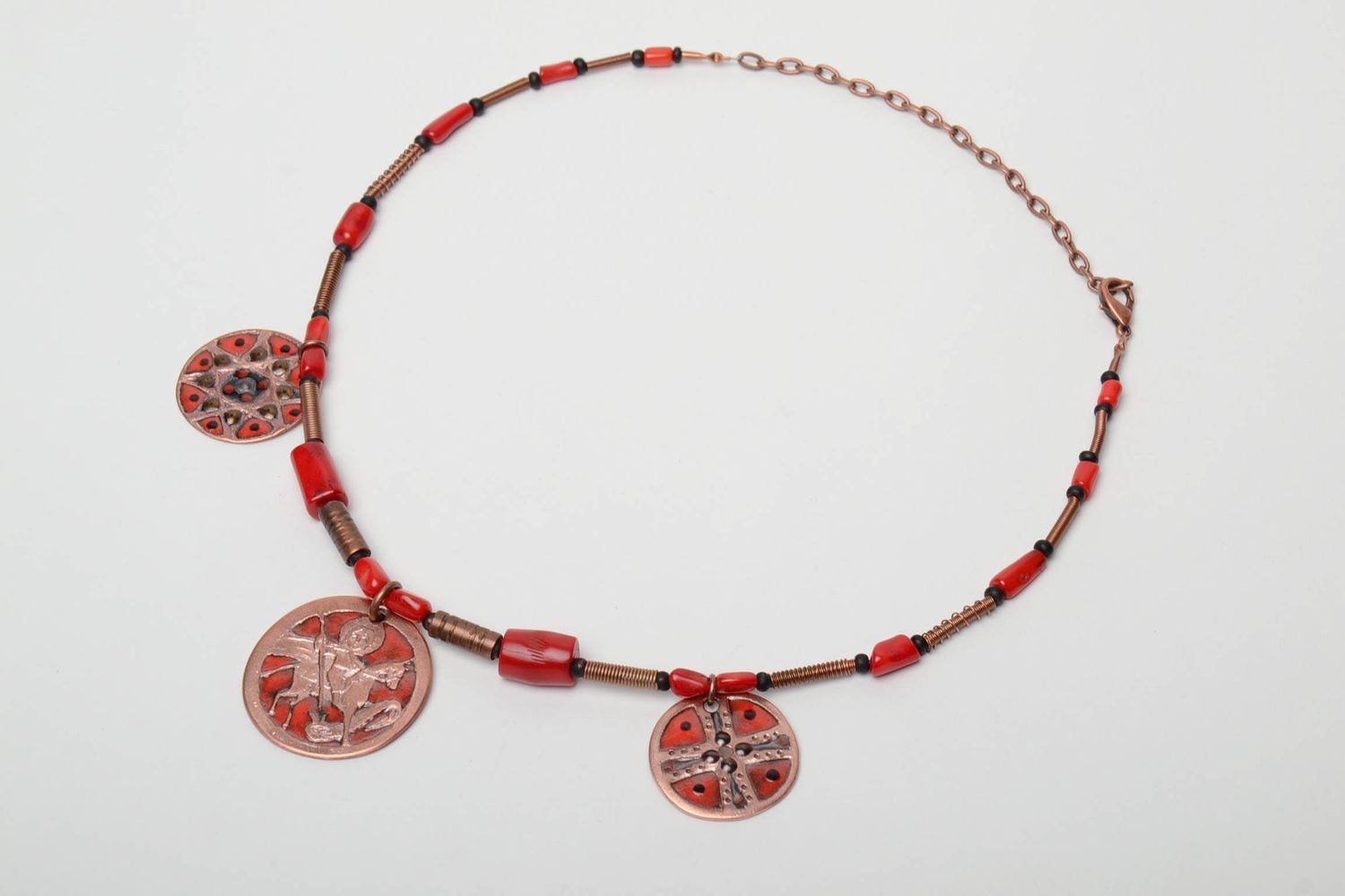 Copper necklace with coins painted with enamels photo 3
