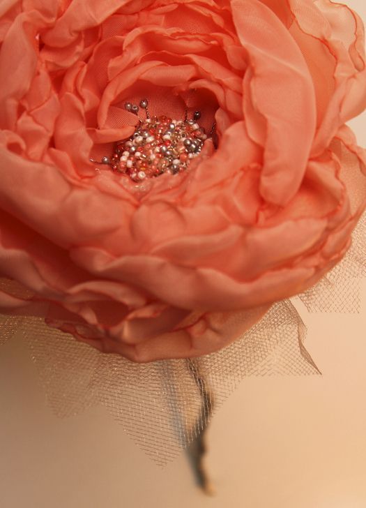 Handmade crystalon and tulle flower with beads of coral color photo 4