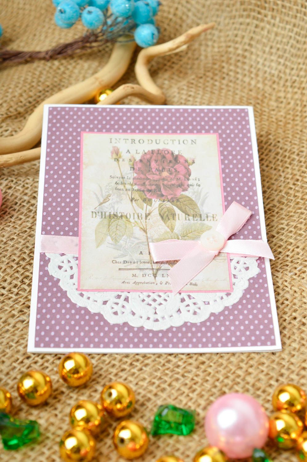 Carte de voeux faite main mauve vintage avec fleur et noeud Petit cadeau photo 1
