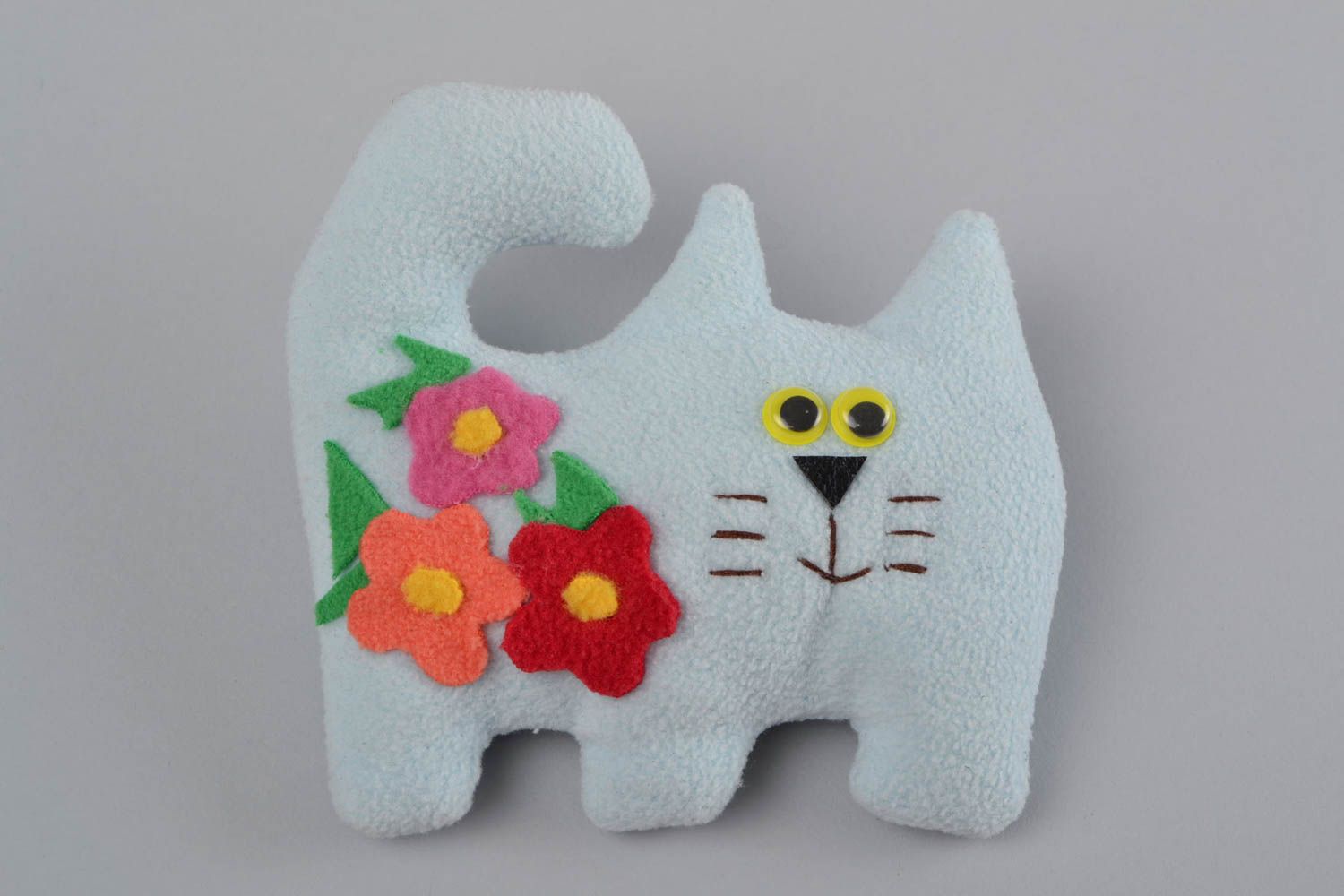 Handmade decorative interior fleece toy cat with curled tail light with flowers photo 3