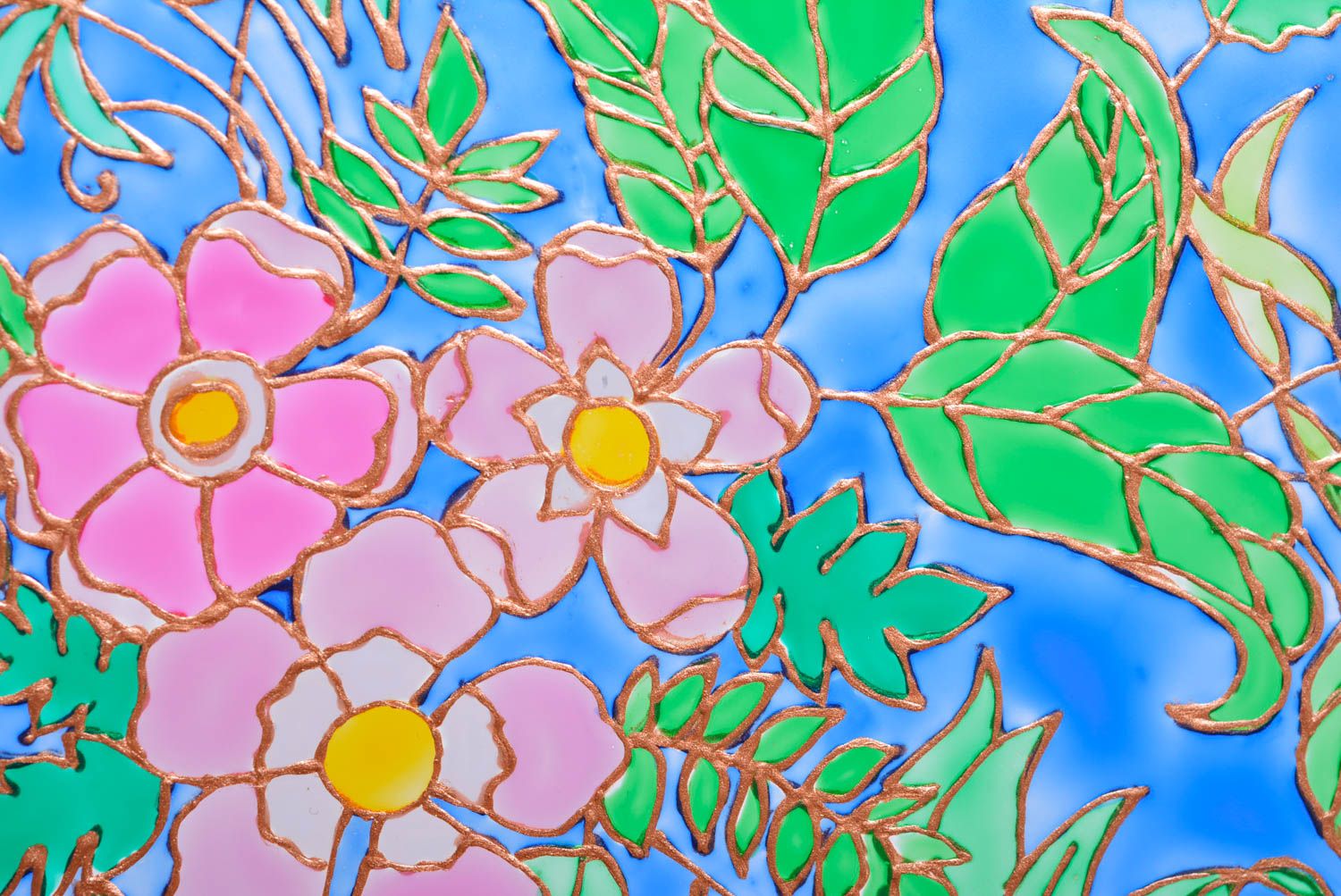 Beau tableau décoratif mural rond fait main avec peinture vitrail bleu Fleurs photo 2