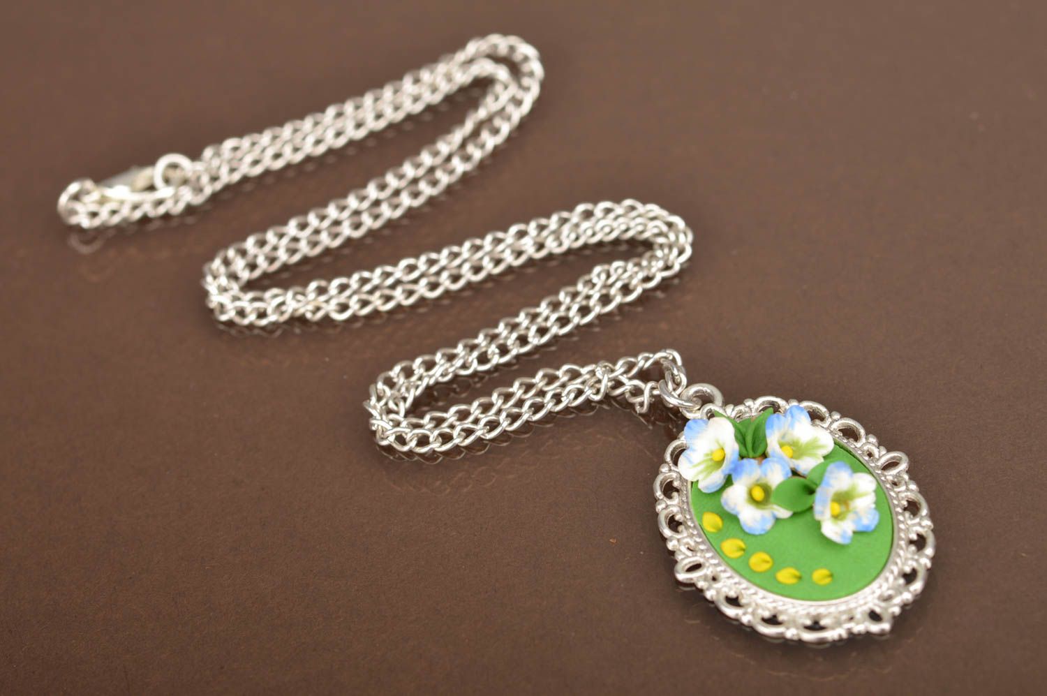 Handmade stylish pendant made of polymer clay on long chain Wild flowers photo 3
