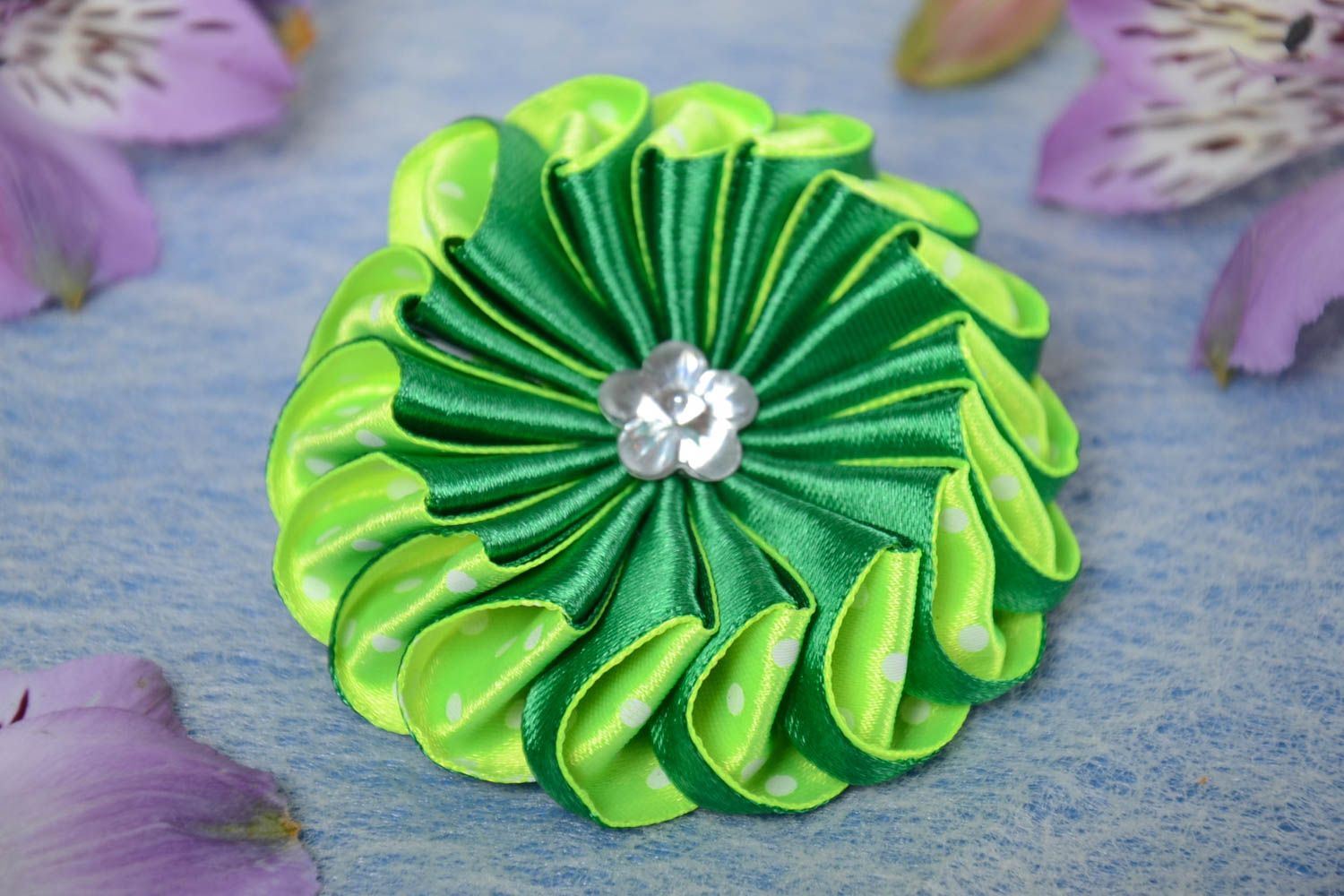 Handmade designer hair band with bright green satin ribbon kanzashi flower  photo 1