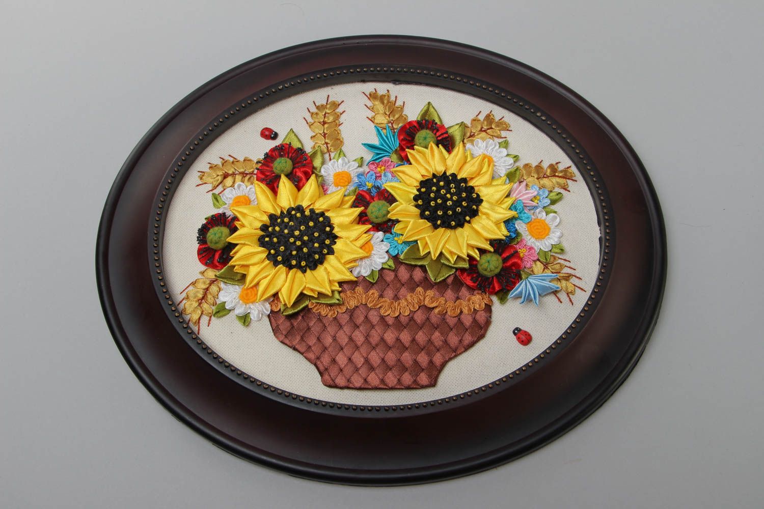 Handmade oval wall picture embroidered with satin ribbons with frame Sunflowers photo 2