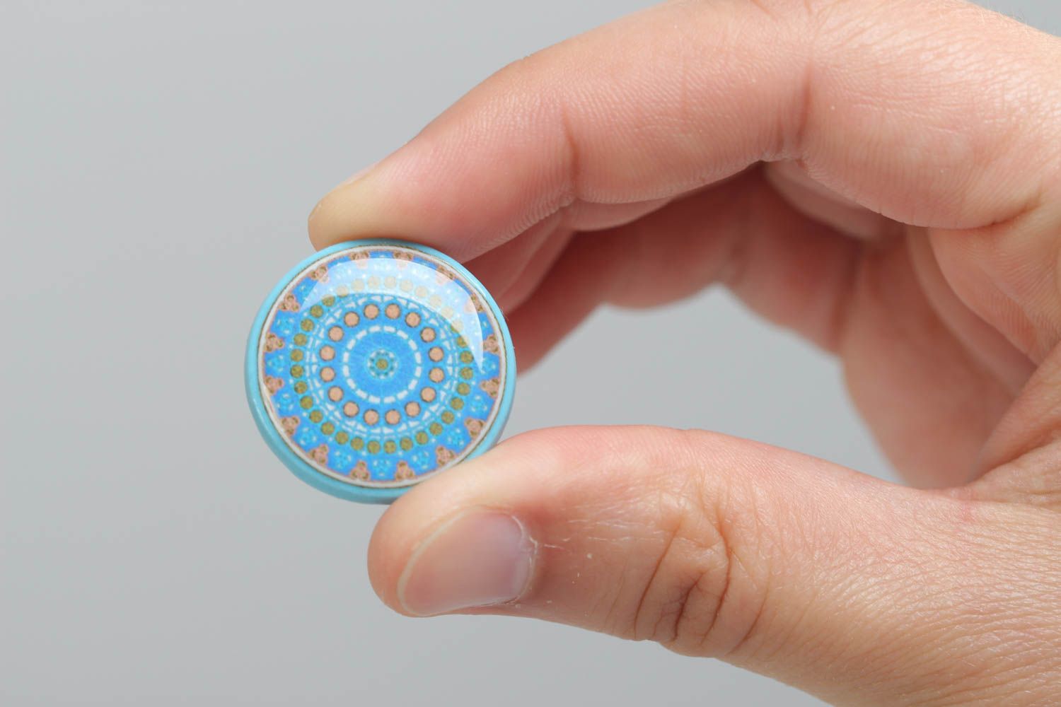 Handmade glass glaze ring made of polymer clay round blue accessory photo 5