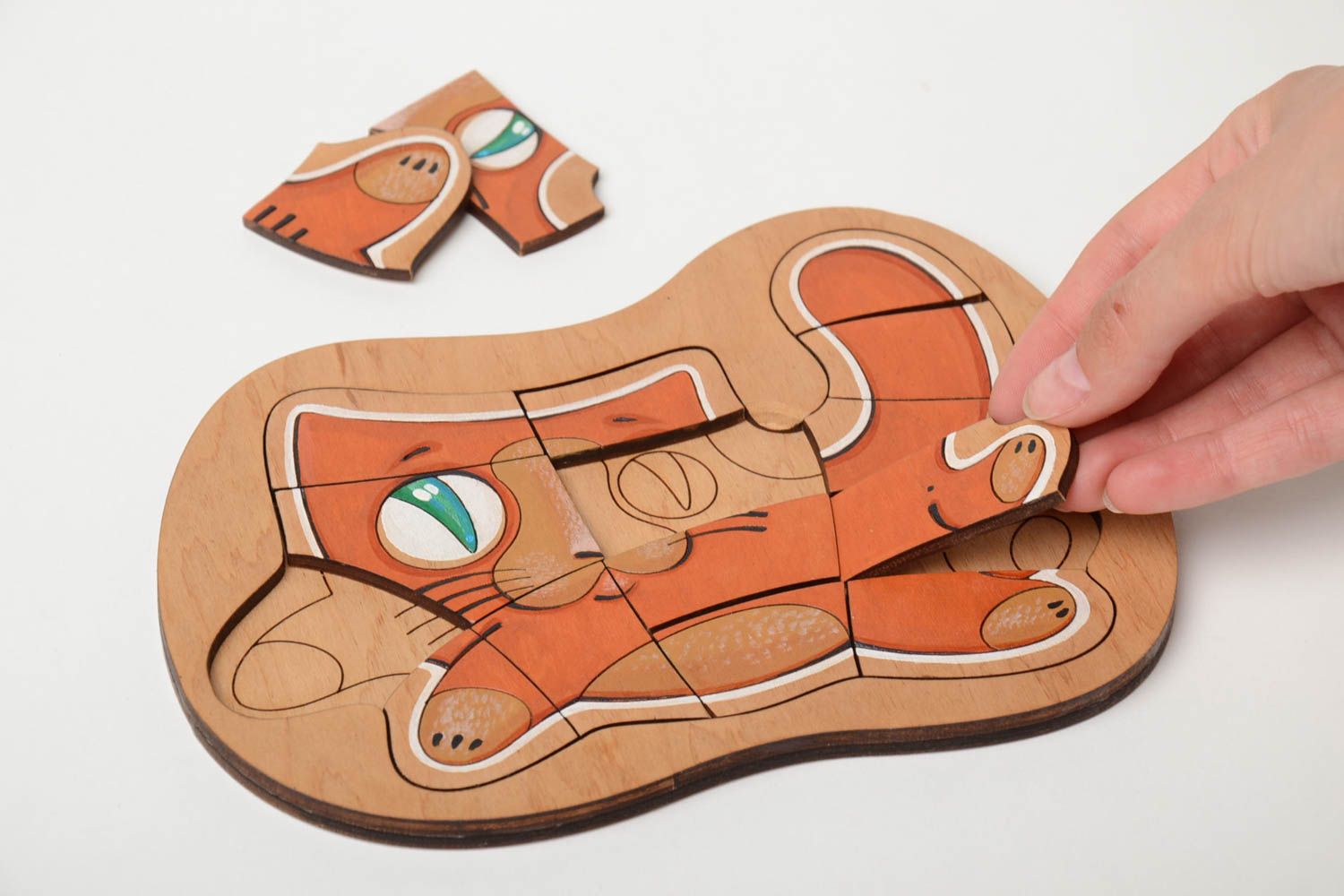 Puzzle en bois fait main design original jouet d'éveil pour enfant Chat photo 5