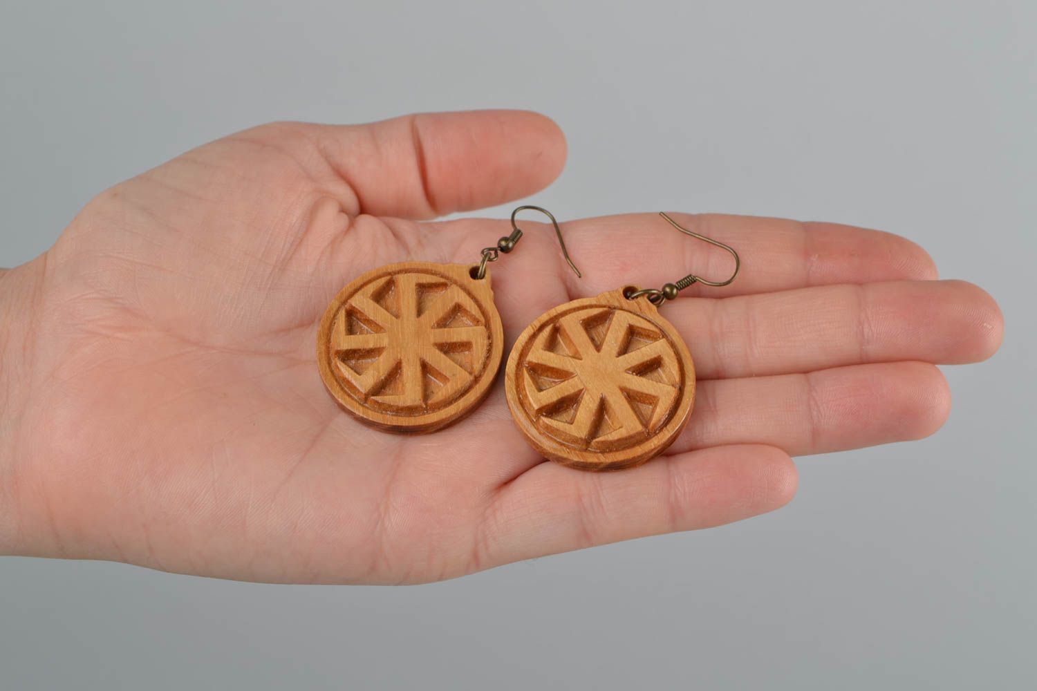 Wooden round handmade ethnic earrings with Cross of Lada the Virgin  photo 2