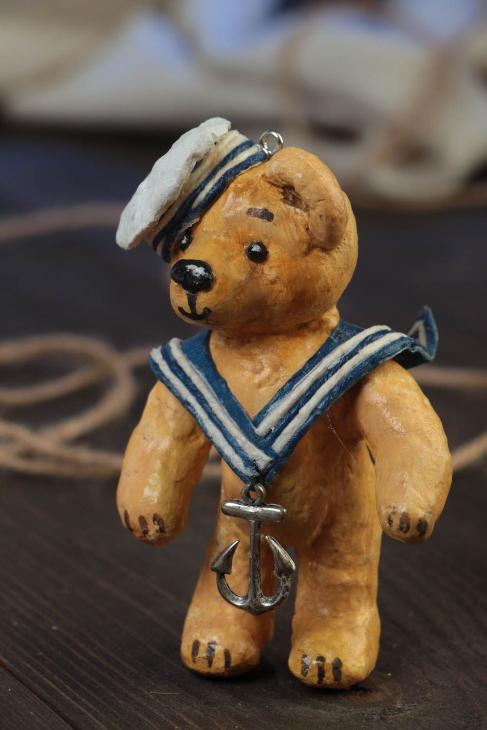 Handmade interior paper mache wall hanging painted with watercolors bear sailor photo 1
